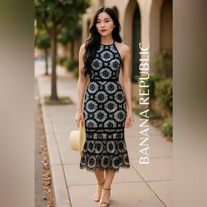 Banana Republic Black and White Ruffled Halter Sheath Dress